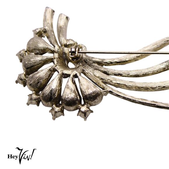 Vintage Rhinestone Pin w Blue Teardrop Shapes Curved Statement Brooch 3" - Hey V - Picture 4 of 5